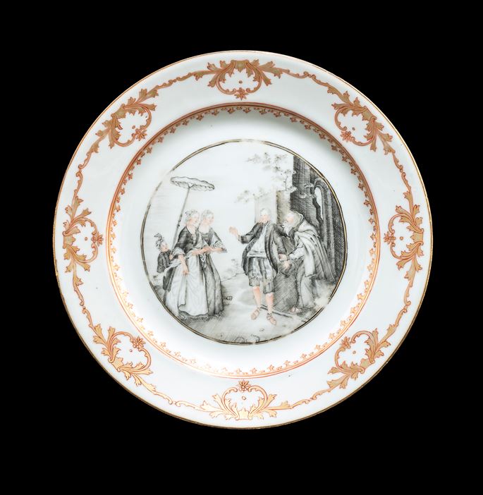Pair of Chinese export porcelain European subject dinnerplates en grisaille | MasterArt